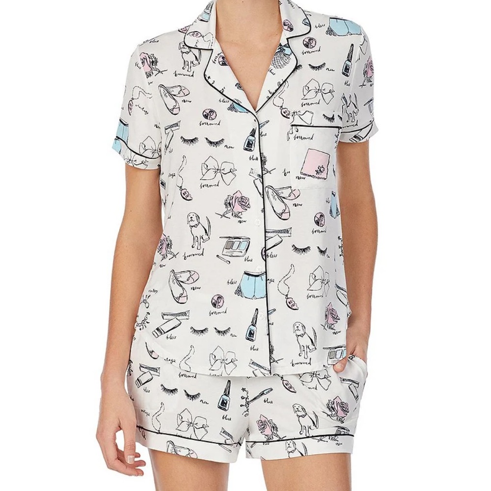 Kate Spade Printed Notch Collar Short Sleeve Jersey Knit Shorty Bridal P…